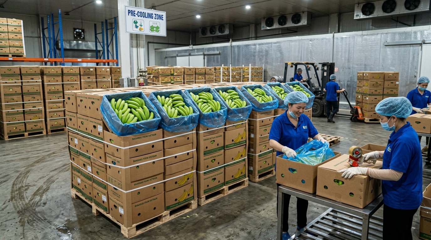 Đóng thùng carton chuối xuất khẩu và xếp pallet kho mát
