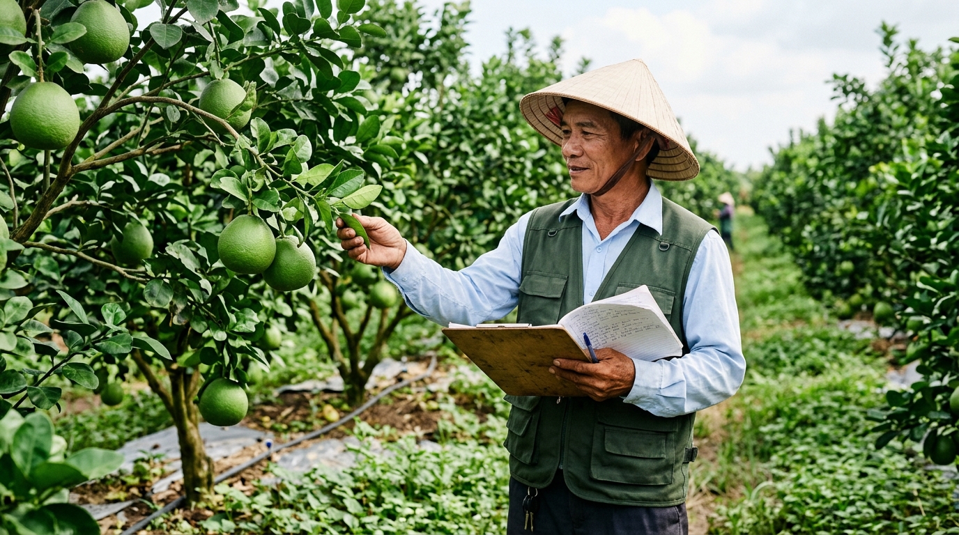 Kiểm tra chất lượng vườn trái cây GlobalGAP Cán bộ nông nghiệp kiểm tra sinh trưởng và an toàn dịch hại tại vườn GlobalGAP