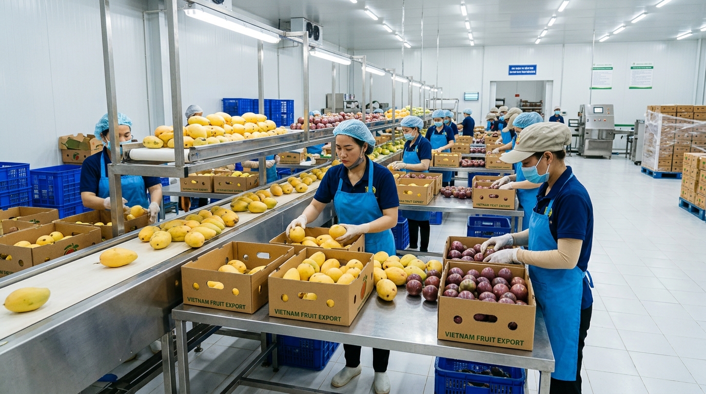 Phân loại trái cây tươi xuất khẩu GlobalGAP Công nhân cơ sở đóng gói phân loại và đóng hộp trái cây đạt chuẩn GlobalGAP