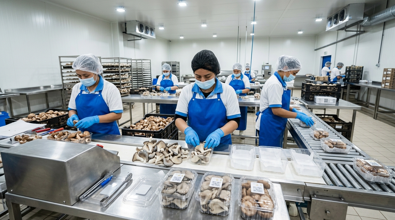 Sơ chế phân loại và đóng gói nấm tươi có tem nhãn truy xuất VietGAP