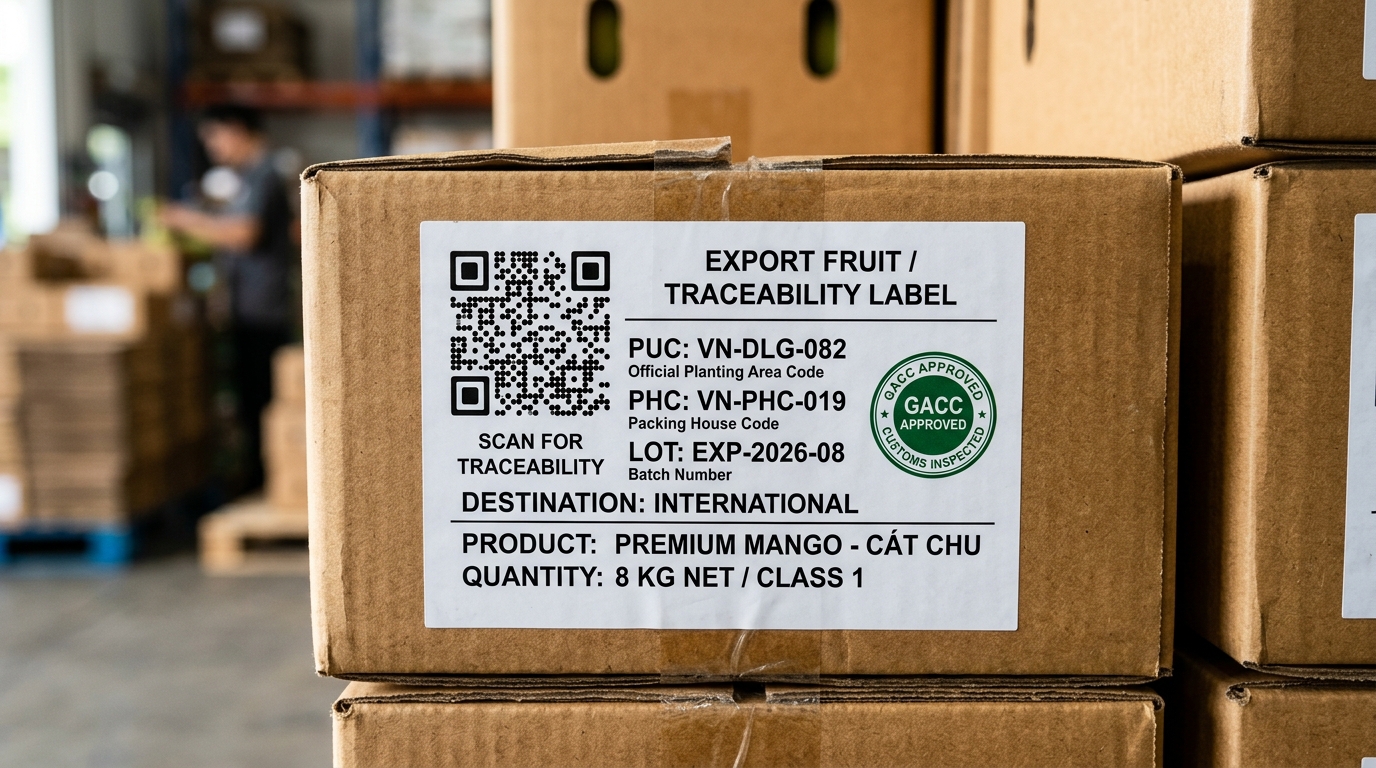 Thùng carton xuất khẩu dán tem nhãn mã PUC mã PHC và mã QR truy xuất